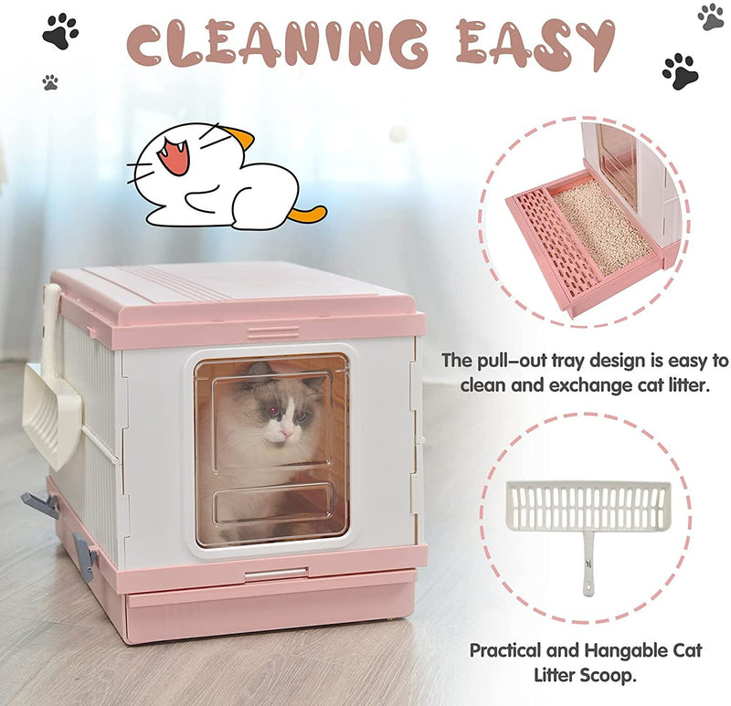 XL Portable Cat Toilet Litter Box Tray Foldable House with Handle and Scoop Pink