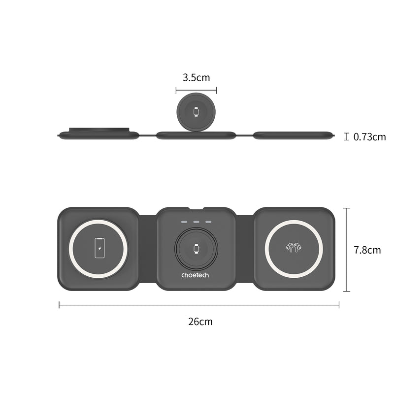 CHOETECH T588-F-BK 3-in-1 Foldable Fast Wireless Charger for Phone/Watch/Earphone