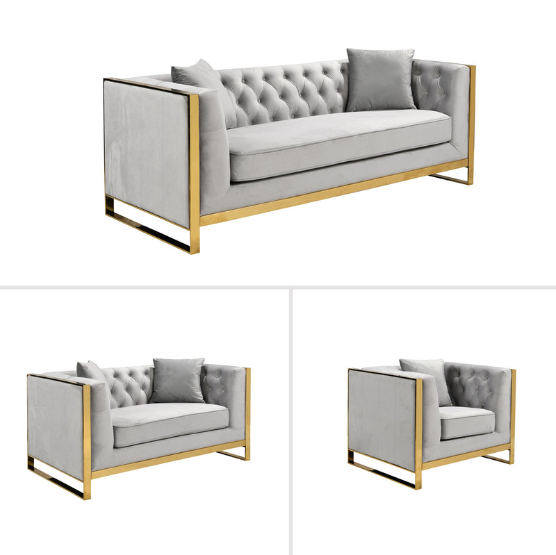 William Lounge - Light Grey Velvet - Gold Trims