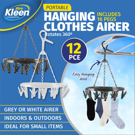 Xtra Kleen 12PCE Hanging Clothes Airer Rotating Portable Pegs Attached