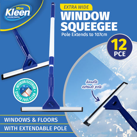 Xtra Kleen 12PCE Window Squeegee Telescopic Handle Streak Free 72 - 107cm