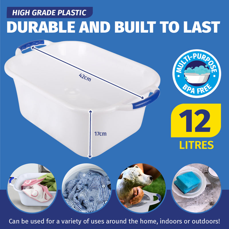 Xtra Kleen 12PCE 12L Laundry Wash Basin Easy Grip Durable Handles 17 x 42cm