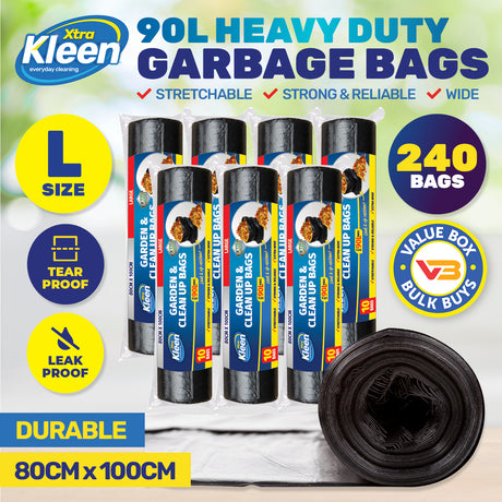 Xtra Kleen 240PCE 90L Garbage Bin Liners Large Tear & Leak Proof 80 x 100cm