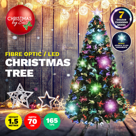 Christmas By Sas 1.5m Fibre Optic/LED Christmas Tree 165 Tips Multicolour Star & Ornaments