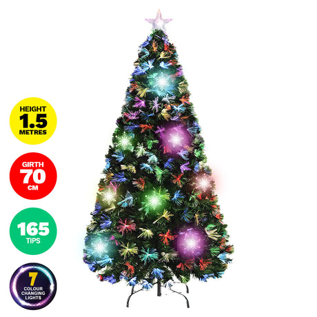 Christmas By Sas 1.5m Fibre Optic/LED Christmas Tree 165 Tips Multicolour Star & Ornaments