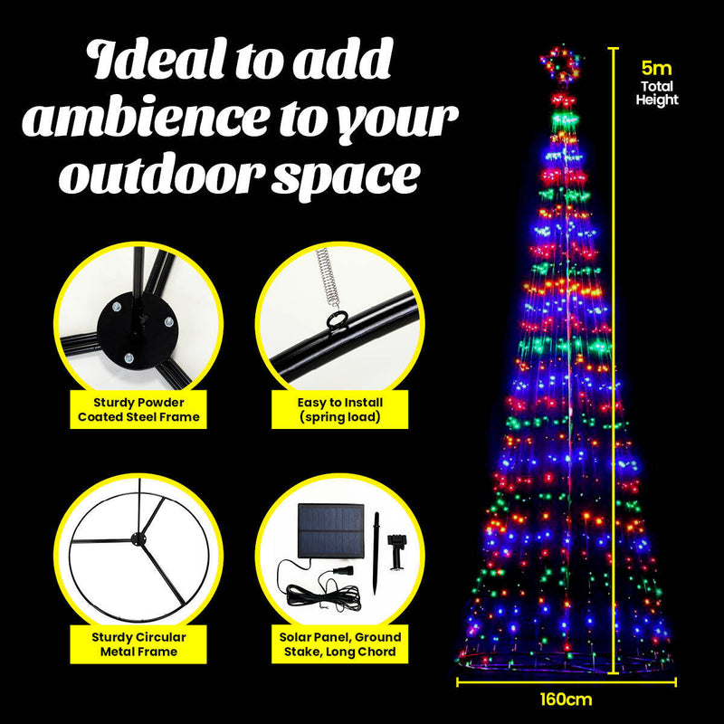 Christmas By Sas 5m Tree Shaped LED Multicoloured Solar Lights & Metal Frame