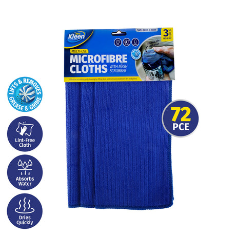 Xtra Kleen 72PCE Microfibre Cloths Built-In Mesh Scrubber Absorbent 30cm