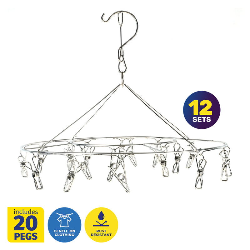 Xtra Kleen 12PCE Stainless Steel Rotating Clothes Airer With Pegs 31.5cm