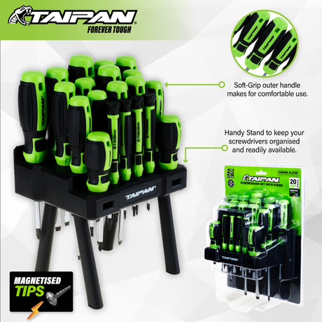 Taipan® 20PCE Screwdriver Set With Stand Magnetic Tips Chrome Plated