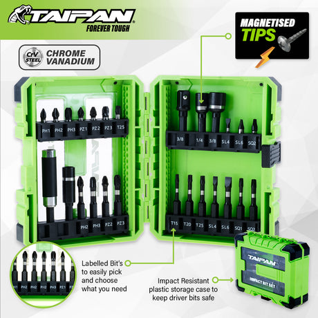 Taipan® 26PCE Impact Bit Set Magnetic Tips Various Heads Storage Case