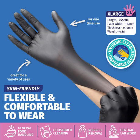 Xtra Kleen 1000PCE Disposable Nitrile Gloves Black Latex Powder Free Size XL