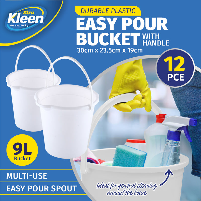 Xtra Kleen 12PCE 9L Buckets Easy Pour Spout Strong Multipurpose 23.5 x 38cm