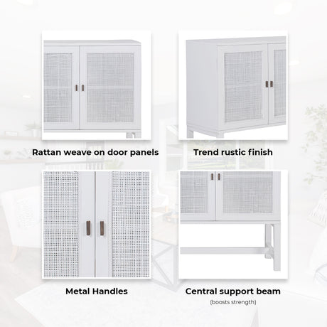 Jasmine Sideboard Buffet Table 160cm 4 Door Mindi Wood Rattan - White