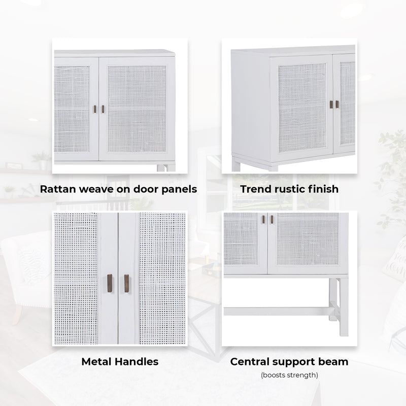 Jasmine Sideboard Buffet Table 160cm 4 Door Mindi Wood Rattan - White