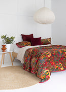 Velvet Frida Kantha Quilt Cotton Quilt Patchwork Quilt Handamade Floral Quilt Comforter Bedspread Blanket - Frida Red - King