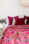 Velvet Frida Kantha Quilt Cotton Quilt Patchwork Quilt Handamade Floral Quilt Comforter Bedspread Blanket -Bird of Paradise Pink - King