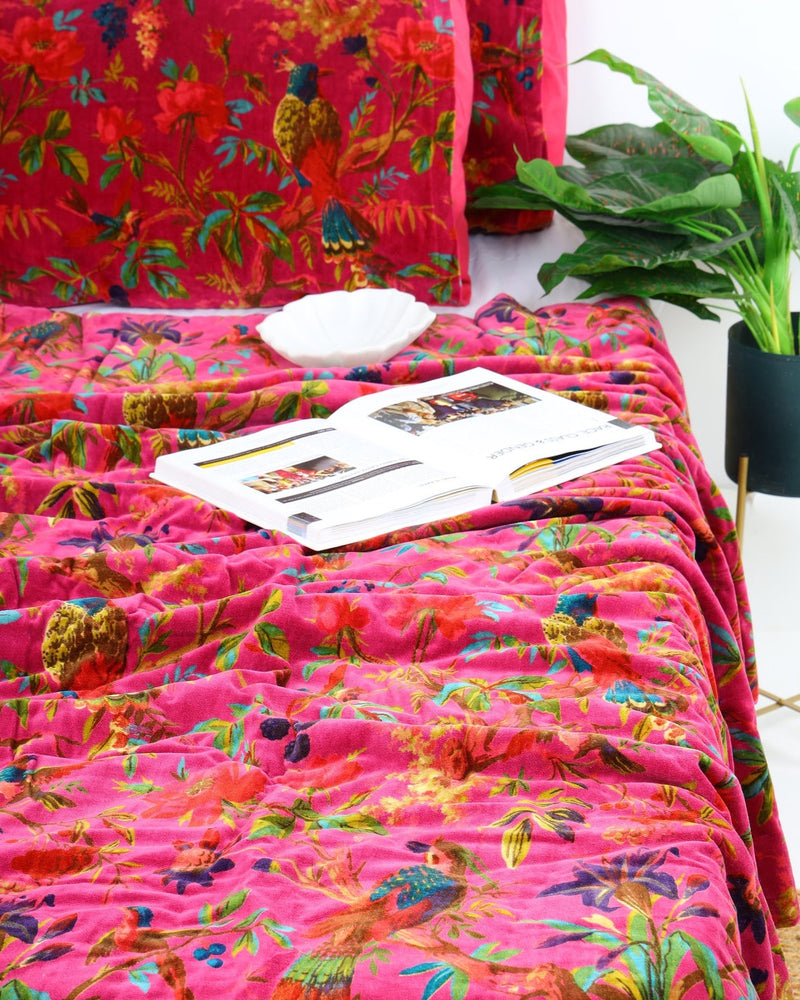 Velvet Frida Kantha Quilt Cotton Quilt Patchwork Quilt Handamade Red Velvet Floral Quilt Comforter Bedspread Blanket - Bird of Paradise Pink