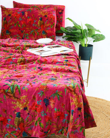 Velvet Frida Kantha Quilt Cotton Quilt Patchwork Quilt Handamade Red Velvet Floral Quilt Comforter Bedspread Blanket - Bird of Paradise Pink