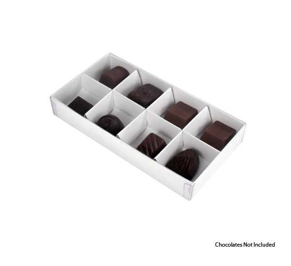 100 Pack of White Card Chocolate Sweet Soap Product Reatail Gift Box - 8 bay 3cm Compartments - Clear Slide On Lid - 16x8x3cm