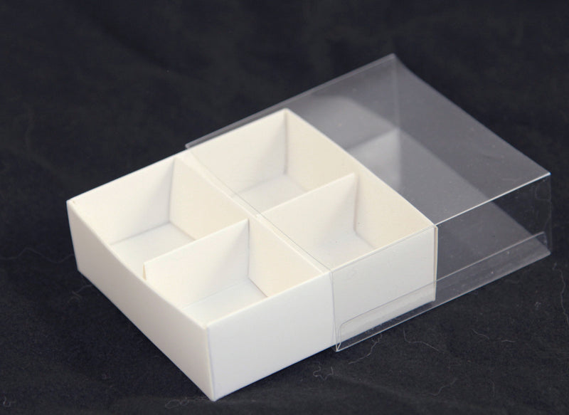 10 Pack of White Card Chocolate Sweet Soap Product Reatail Gift Box - 4 Bay Compartments - Clear Slide On Lid - 8x8x3cm