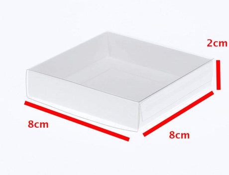 10 Pack of 8cm Square Wedding Invitation Coaster Favor Function product Presentation Cookie Biscuit Patisserie Gift Box - 2cm deep - White Card with Clear Slide On PVC Lid