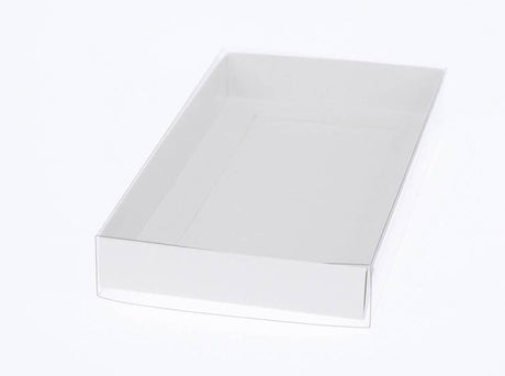 10 Pack of White Card Box - Clear Slide On Lid - 25 x 25 x 6cm - Large Beauty Product Gift Giving Hamper Tray Merch Fashion Cake Sweets Xmas