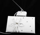 White Wedding Guest Book Register with Silver Pen Matching Stand Set 36 Lined Pages - White Ribbon and Diamante Bow Cover