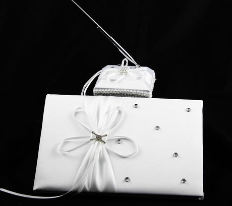 White Wedding Guest Book Register with Silver Pen Matching Stand Set 36 Lined Pages - White Ribbon and Diamante Bow Cover