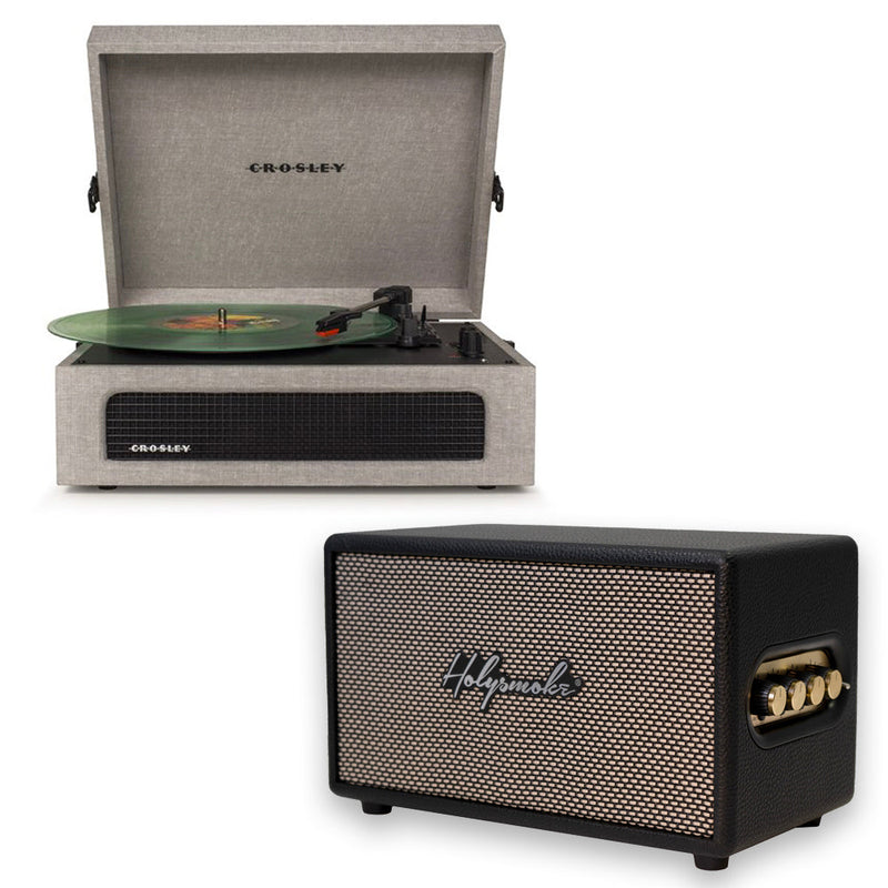 Crosley Voyager Bluetooth Portable Turntable - Grey + Bundled HolySmoke Bluetooth Retro Speaker - Black