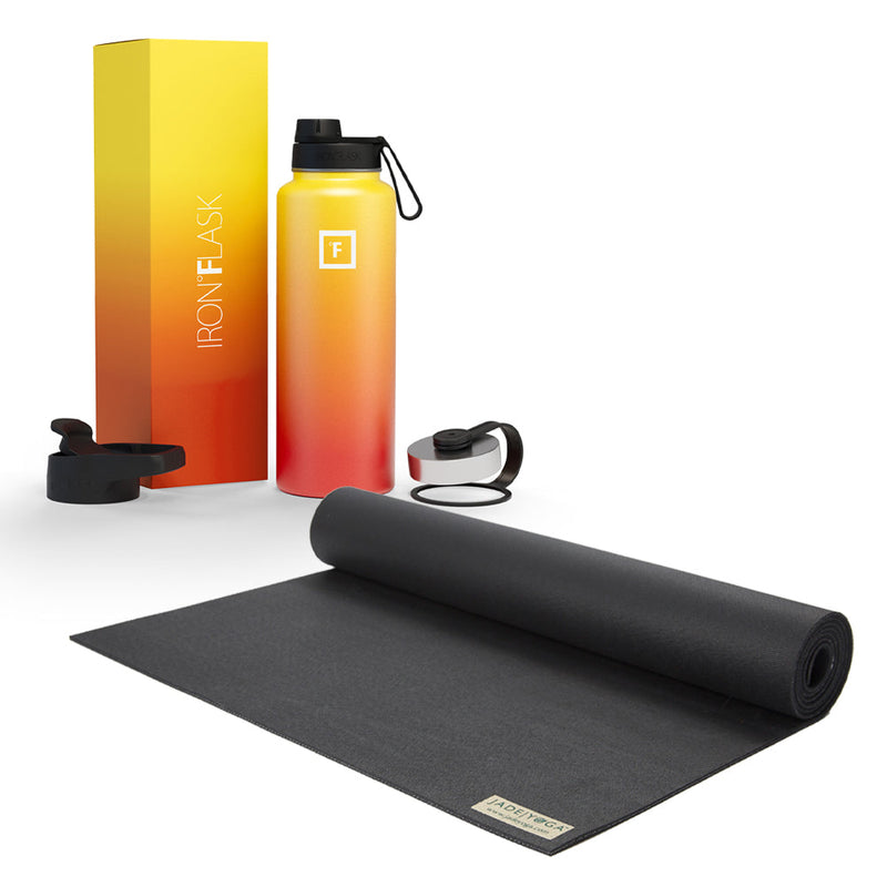 Jade Yoga Voyager Mat - Black & Iron Flask Wide Mouth Bottle with Spout Lid, Fire, 40oz/1200ml Bundle