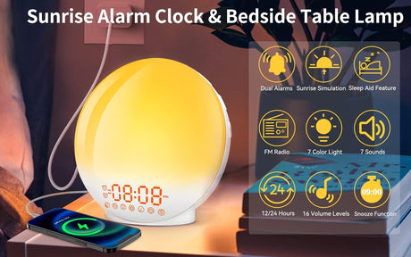 Sunrise Alarm Clock Wake Up Light 7 Sounds, Dual Alarms, Snooze, FM Radio