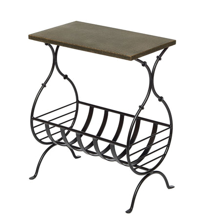 Black Iron Narrow Side Table with Magazine Storage and Gold Finish Top