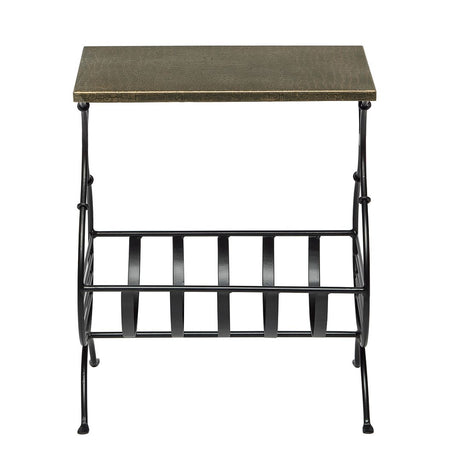 Black Iron Narrow Side Table with Magazine Storage and Gold Finish Top