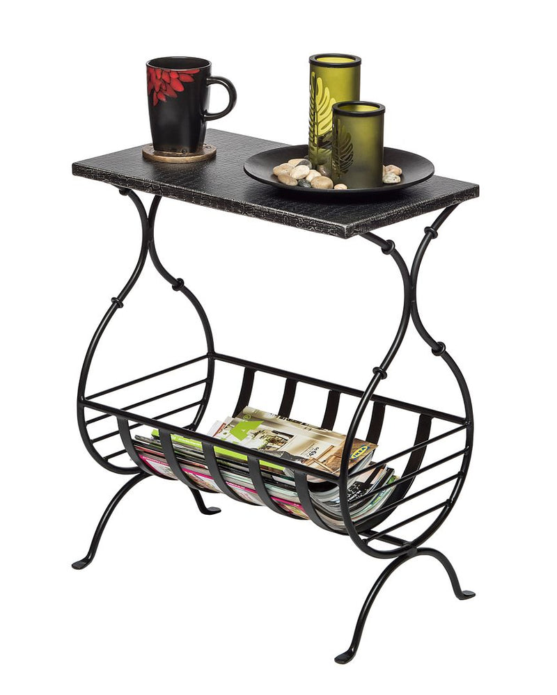 Black Iron Side Table with Magazine Storage and Silver Finish Top