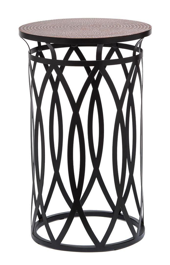 Black Round Iron Side Table with Cross Legs and Copper Finish Top