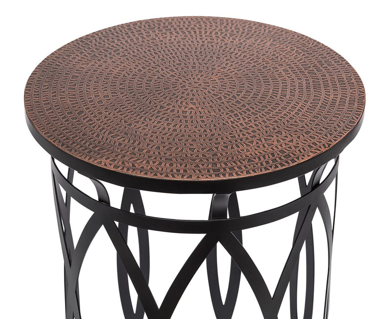 Black Round Iron Side Table with Cross Legs and Copper Finish Top