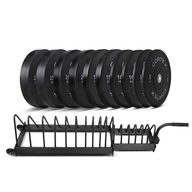 CORTEX 150kg Black Series V2 Rubber Olympic Bumper Plate Set 50mm with 16 Plate Toaster Rack