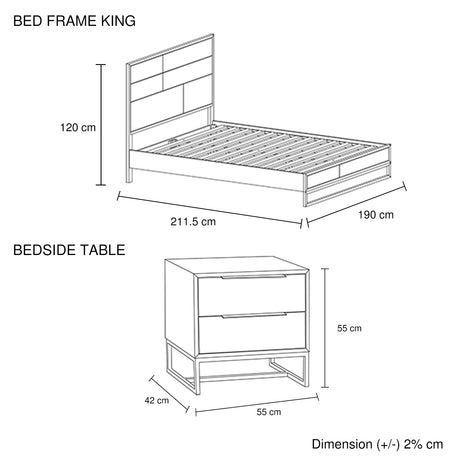 3 Pieces Bedroom Suite made in Solid Wood Acacia Veneered King Size Oak Colour Bed, Bedside Table