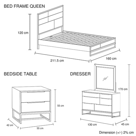 4 Pieces Bedroom Suite made in Solid Wood Acacia Veneered Queen Size Oak Colour Bed, Bedside Table & Dresser