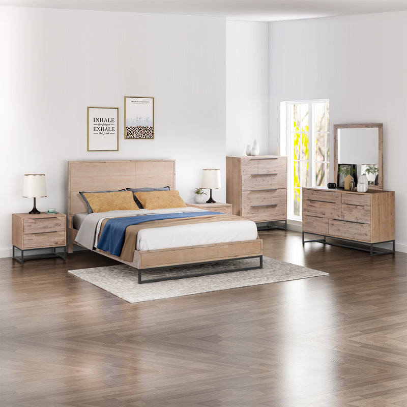 5 Pieces Bedroom Suite made in Solid Wood Acacia Veneered King Size Oak Colour Bed, Bedside Table, Tallboy & Dresser