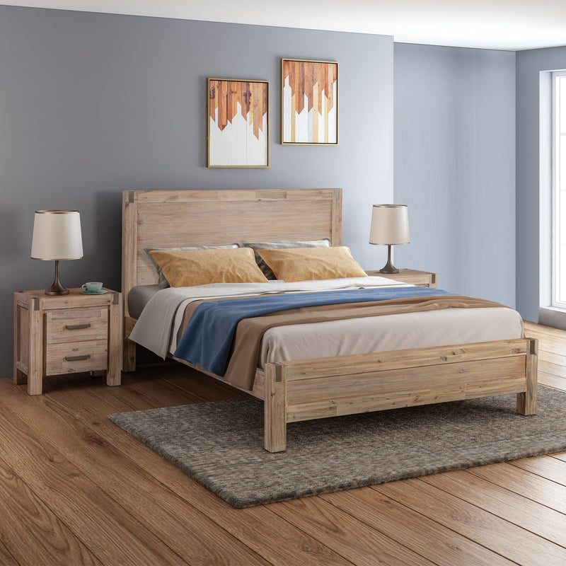 3 Pieces Bedroom Suite in Solid Wood Veneered Acacia Construction Timber Slat King Size Oak Colour Bed, Bedside Table