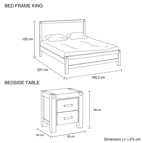 3 Pieces Bedroom Suite in Solid Wood Veneered Acacia Construction Timber Slat King Size Oak Colour Bed, Bedside Table