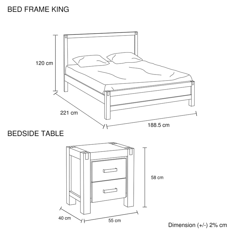 3 Pieces Bedroom Suite in Solid Wood Veneered Acacia Construction Timber Slat King Size Oak Colour Bed, Bedside Table