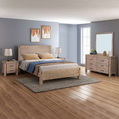 4 Pieces Bedroom Suite in Solid Wood Veneered Acacia Construction Timber Slat King Size Oak Colour Bed, Bedside Table & Dresser