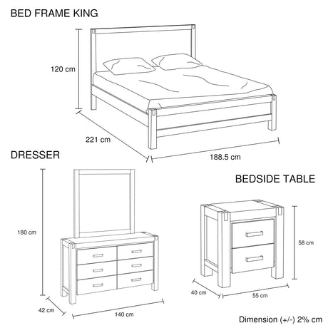 4 Pieces Bedroom Suite in Solid Wood Veneered Acacia Construction Timber Slat King Size Oak Colour Bed, Bedside Table & Dresser