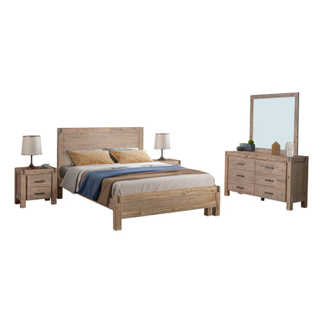 4 Pieces Bedroom Suite in Solid Wood Veneered Acacia Construction Timber Slat Queen Size Oak Colour Bed, Bedside Table & Dresser