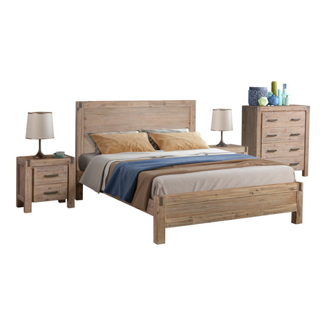 4 Pieces Bedroom Suite in Solid Wood Veneered Acacia Construction Timber Slat King Size Oak Colour Bed, Bedside Table & Tallboy