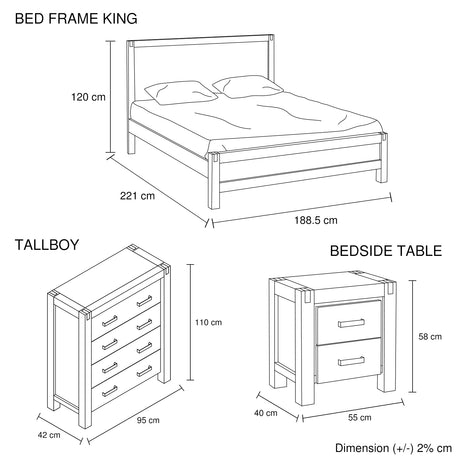 4 Pieces Bedroom Suite in Solid Wood Veneered Acacia Construction Timber Slat King Size Oak Colour Bed, Bedside Table & Tallboy