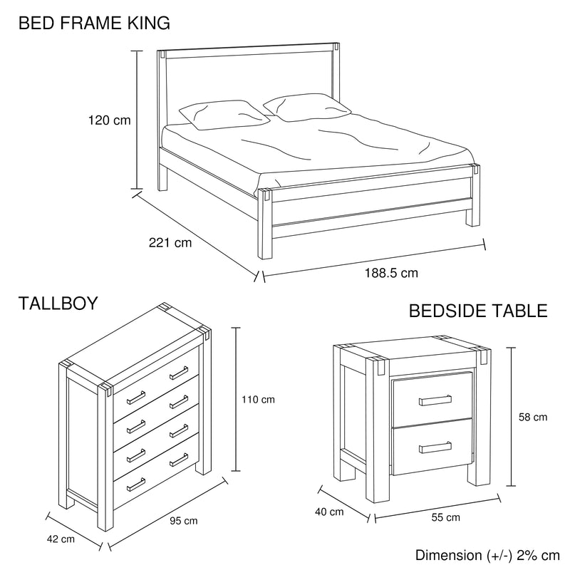 4 Pieces Bedroom Suite in Solid Wood Veneered Acacia Construction Timber Slat King Size Oak Colour Bed, Bedside Table & Tallboy