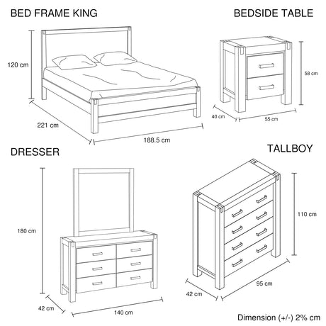 5 Pieces Bedroom Suite in Solid Wood Veneered Acacia Construction Timber Slat King Size Oak Colour Bed, Bedside Table , Tallboy & Dresser